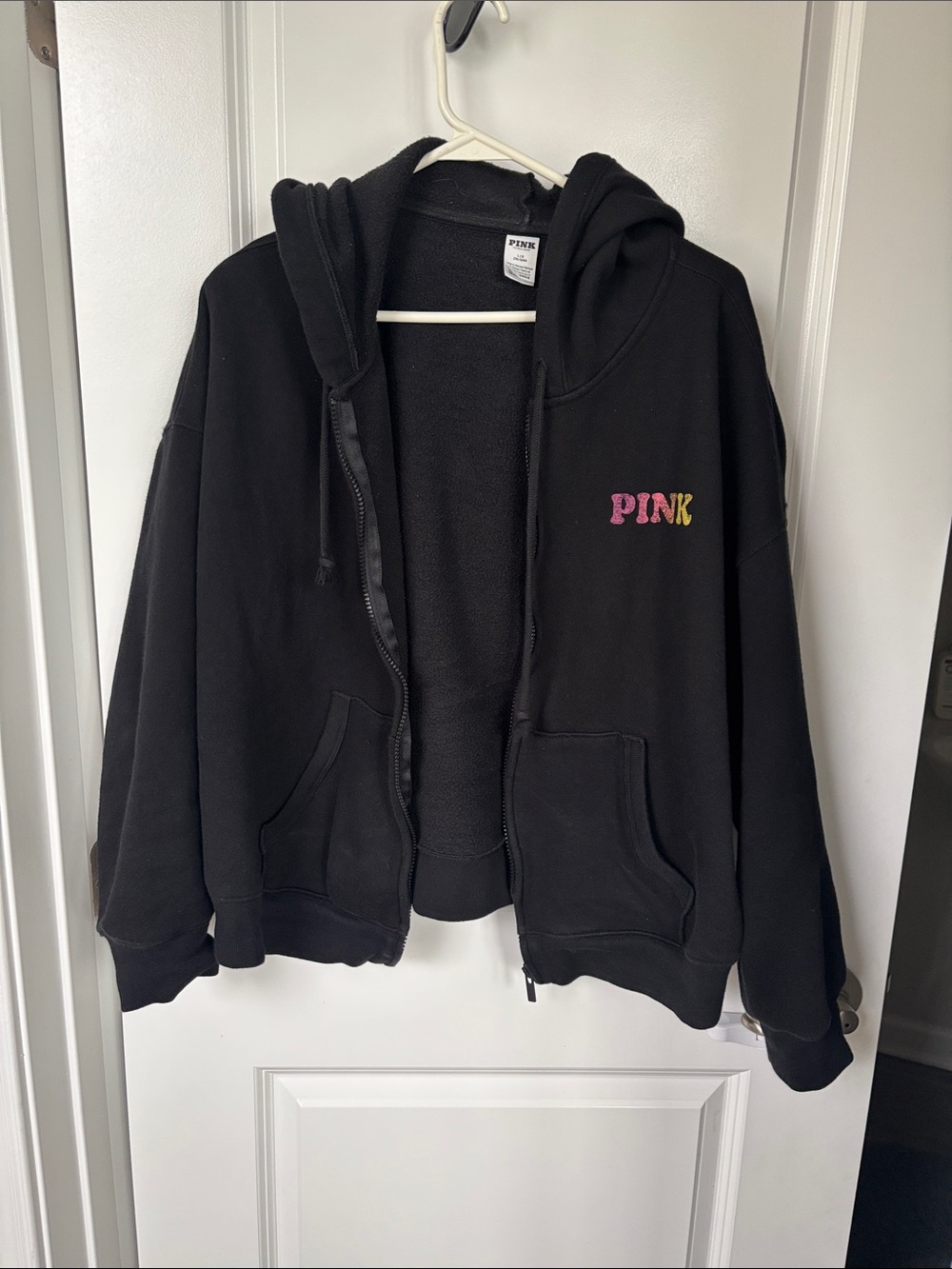 PINK Victoria's Secret Black Zip Front Hoodie with Multicolor Logo
